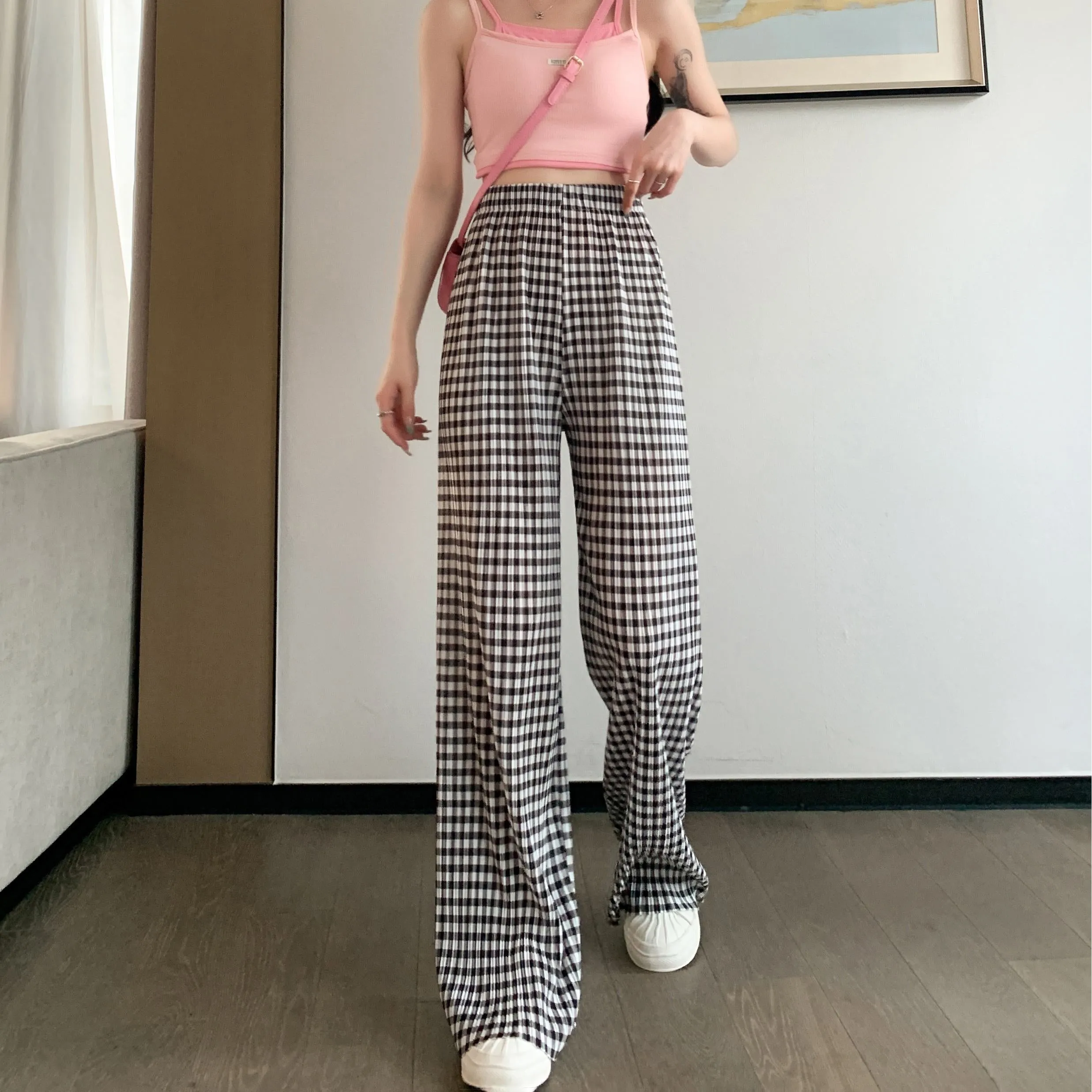 Pleated High-Waisted Draping Straight Leg Floor-Length Thin Plaid Silky Pants