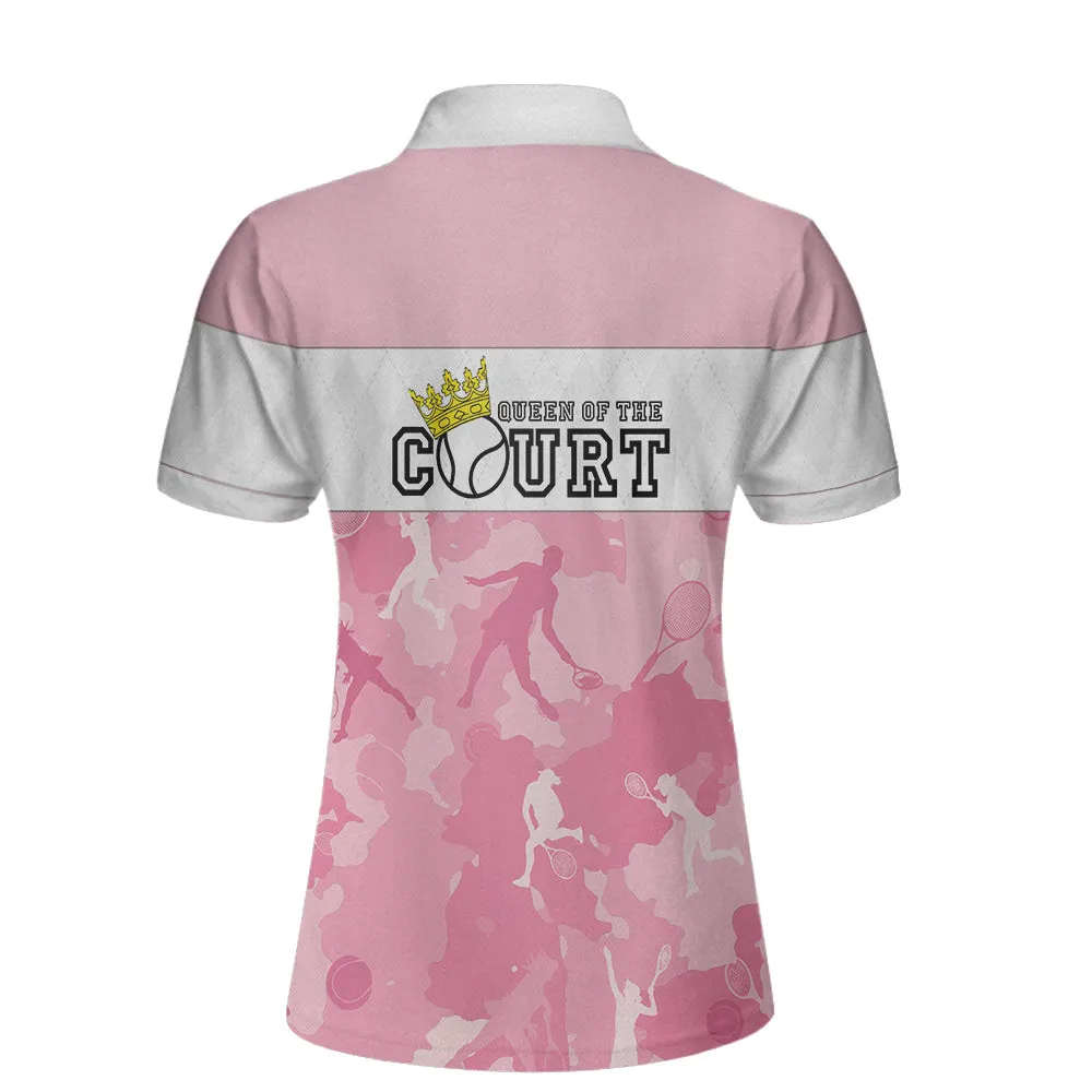 Queen Of The Court Short Sleeve Women Polo Shirt, White And Pink Shirt For Women, Unique Female Tennis Gift Coolspod