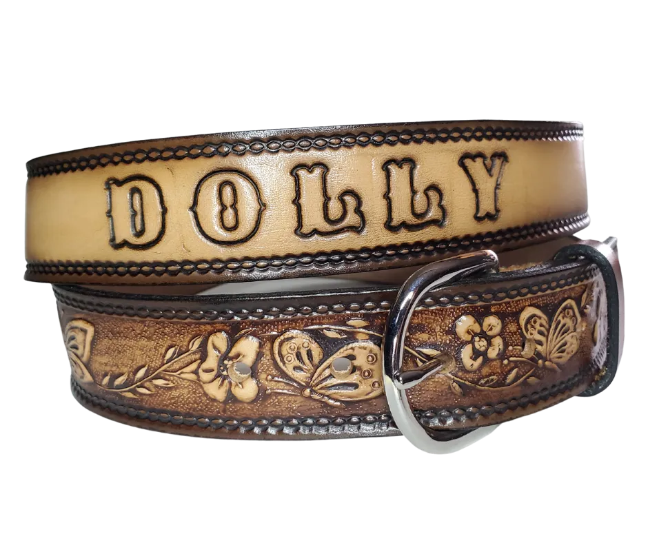 "Flowers and the Butterfly" NAME Leather Belt  "Quick Ship"