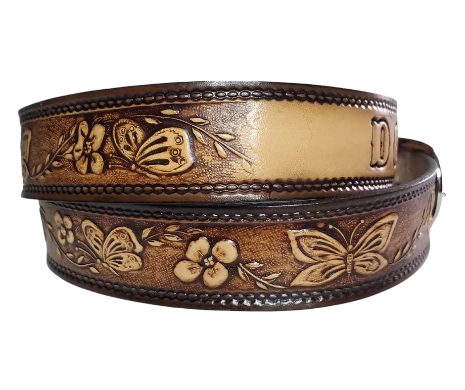 "Flowers and the Butterfly" NAME Leather Belt  "Quick Ship"