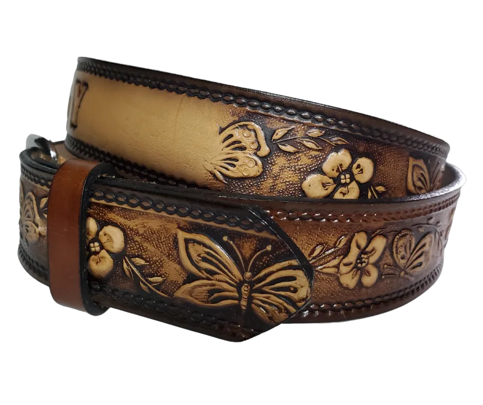 "Flowers and the Butterfly" NAME Leather Belt  "Quick Ship"