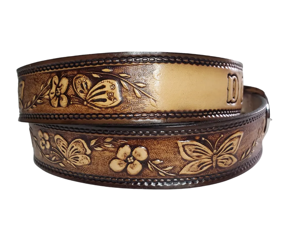 "Flowers and the Butterfly" NAME Leather Belt  "Quick Ship"