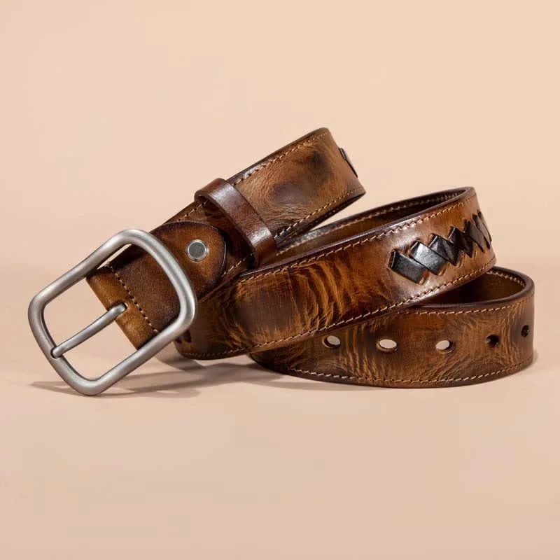 Retro Weave Patterns Design Cowhide Leather Belt