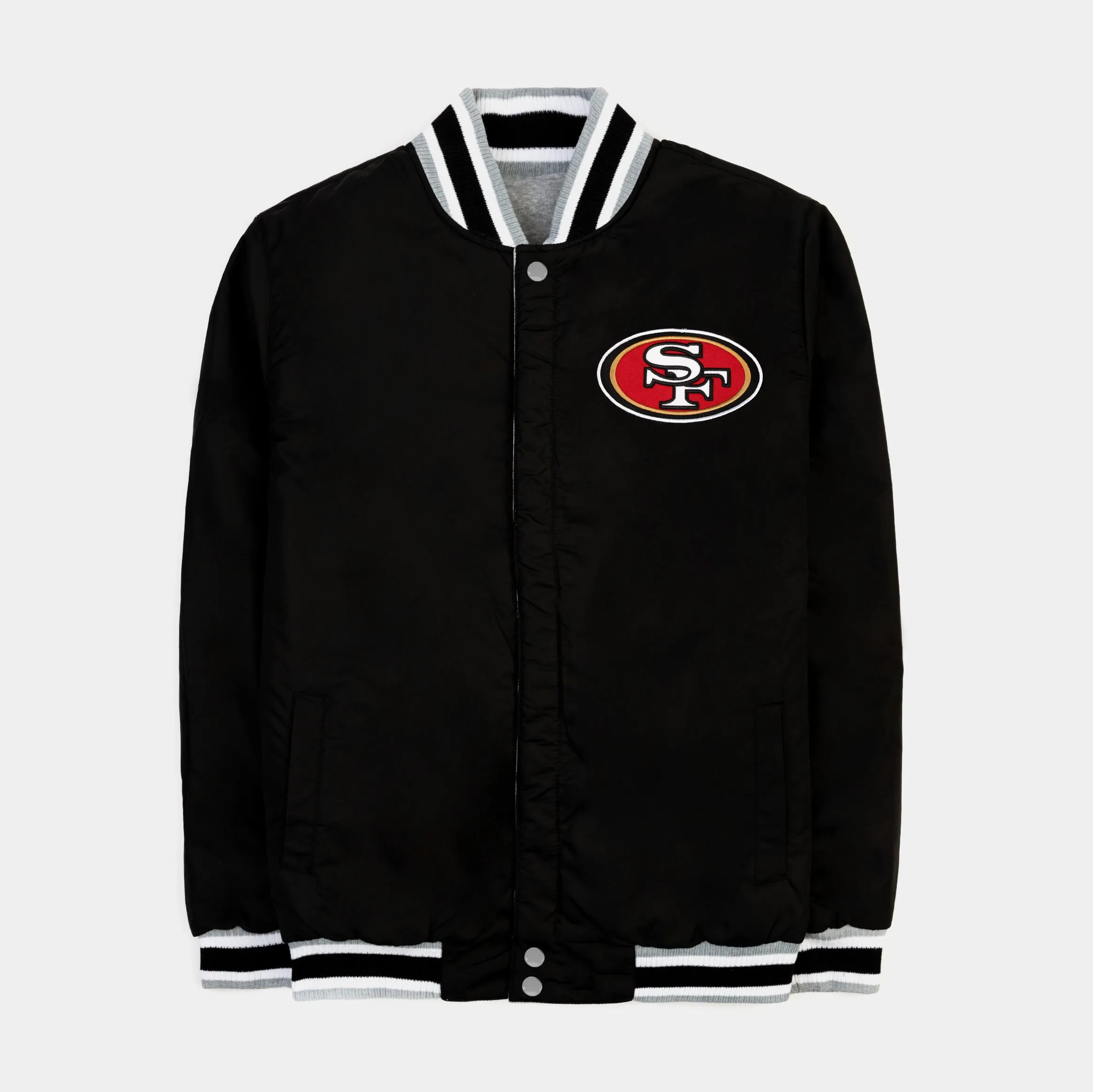 San Francisco 49ers Reversible Letterman Mens Jacket (Black/Grey)