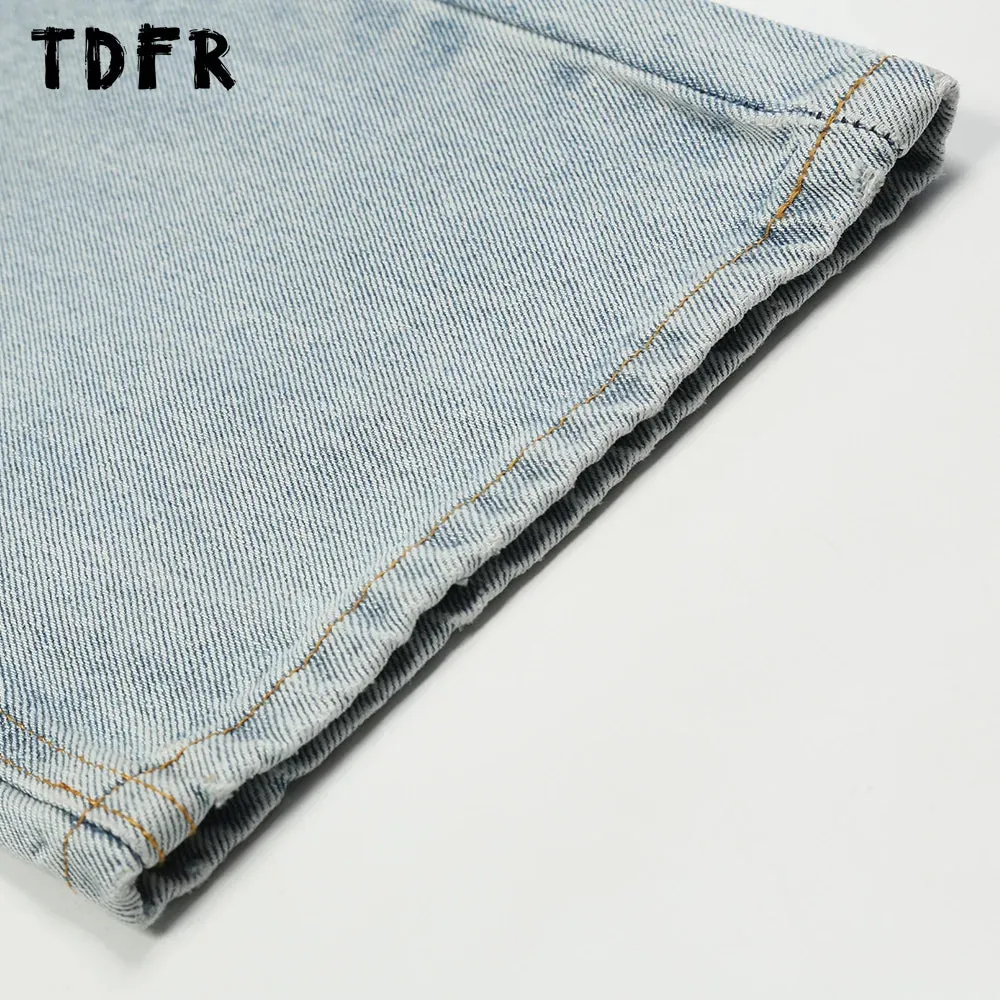 Simple Spliced Straight Jeans - Washed Distressed Streetwear Loose Denim Pants