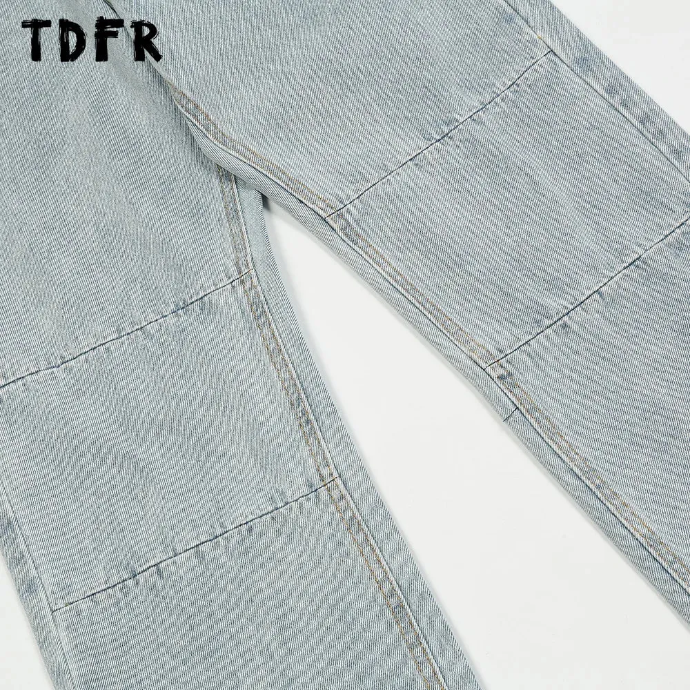 Simple Spliced Straight Jeans - Washed Distressed Streetwear Loose Denim Pants