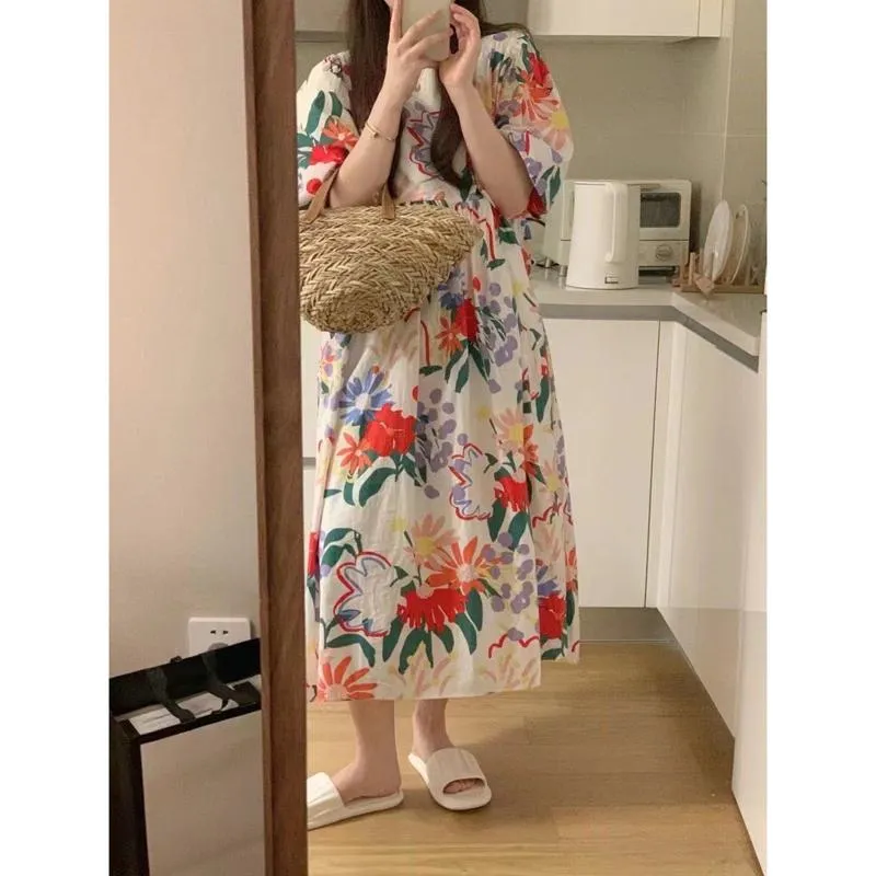 Slimming Round Neck Bubble Sleeve Floral Print Anti-Aging Loose-Fit Dress