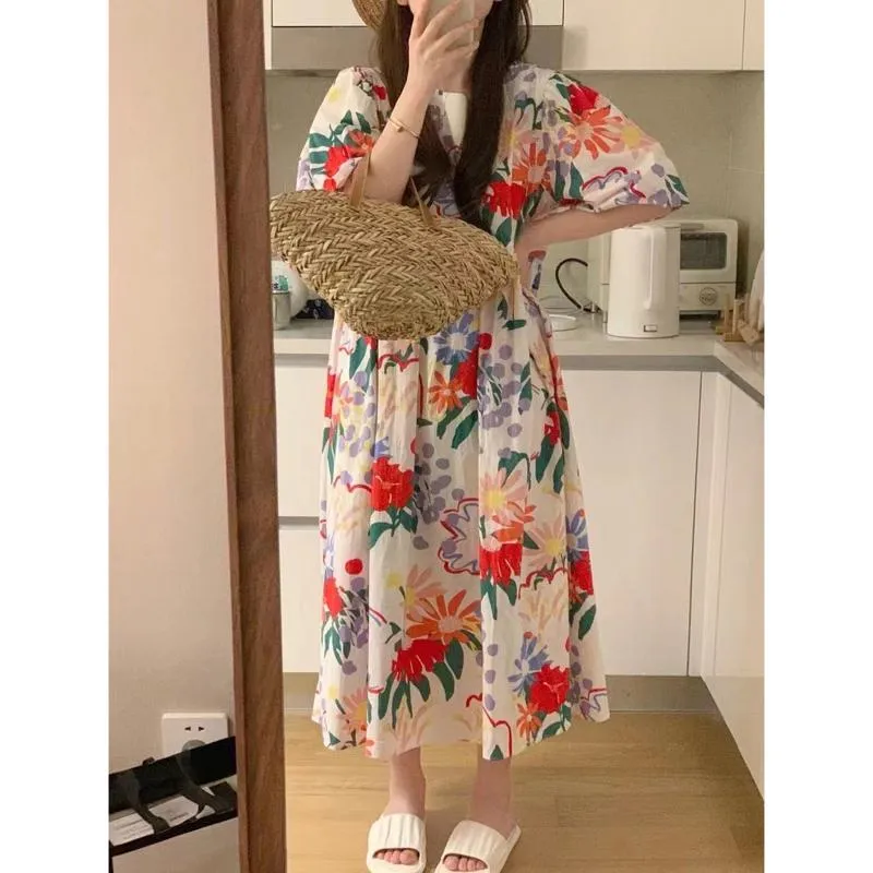 Slimming Round Neck Bubble Sleeve Floral Print Anti-Aging Loose-Fit Dress