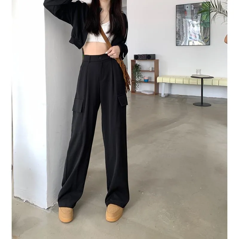 Slimming Workwear Straight Pocket Loose Fit Wide-Leg High-Waisted Retro Pants