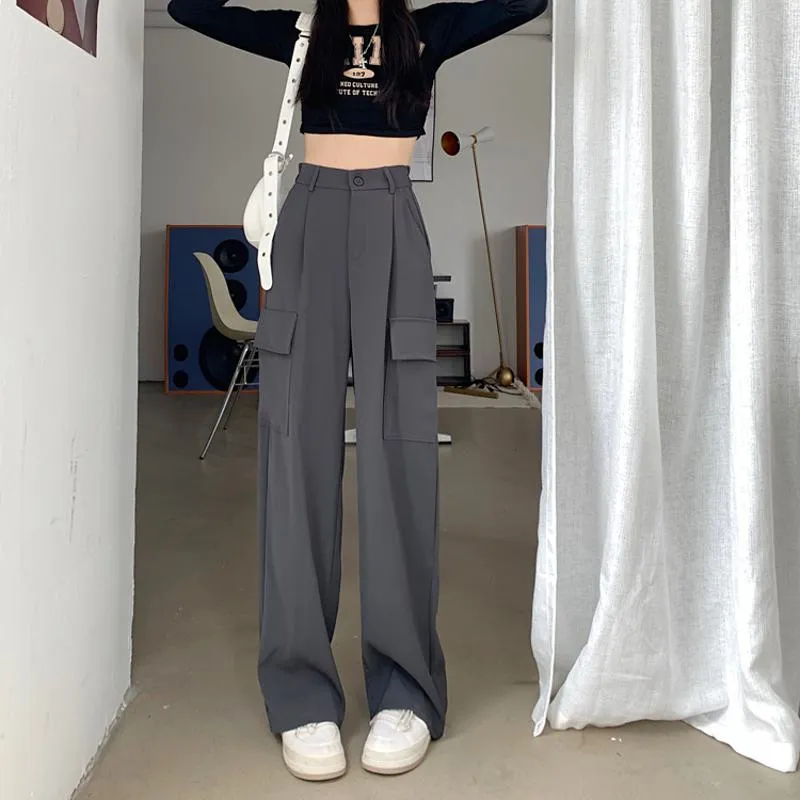 Slimming Workwear Straight Pocket Loose Fit Wide-Leg High-Waisted Retro Pants