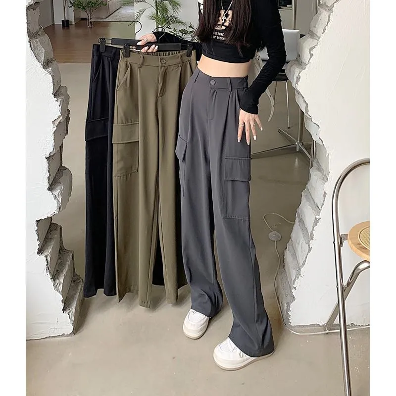 Slimming Workwear Straight Pocket Loose Fit Wide-Leg High-Waisted Retro Pants