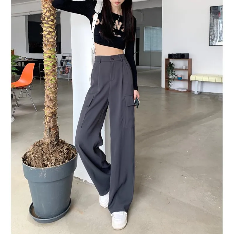 Slimming Workwear Straight Pocket Loose Fit Wide-Leg High-Waisted Retro Pants