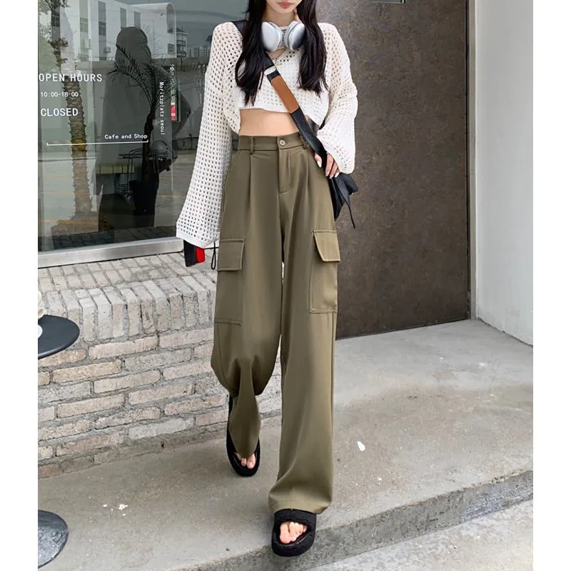 Slimming Workwear Straight Pocket Loose Fit Wide-Leg High-Waisted Retro Pants