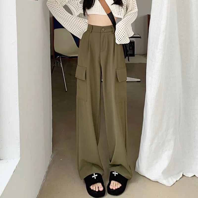 Slimming Workwear Straight Pocket Loose Fit Wide-Leg High-Waisted Retro Pants