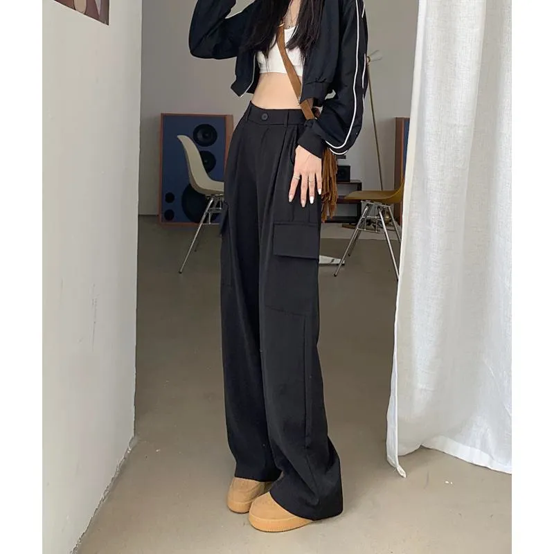 Slimming Workwear Straight Pocket Loose Fit Wide-Leg High-Waisted Retro Pants