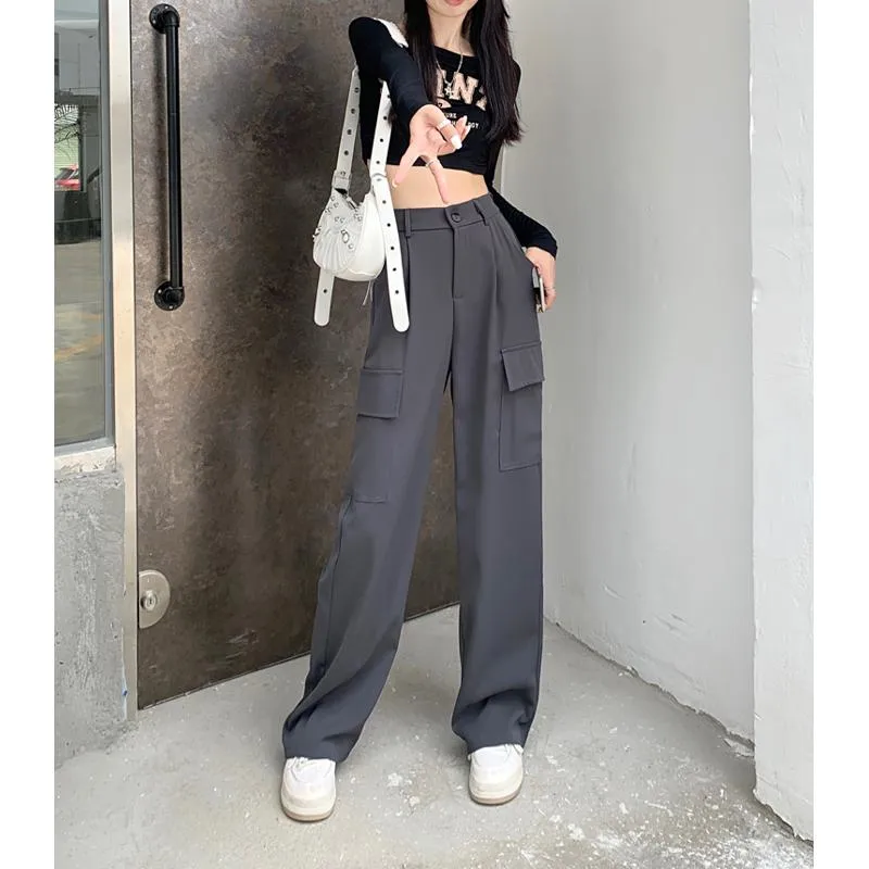 Slimming Workwear Straight Pocket Loose Fit Wide-Leg High-Waisted Retro Pants