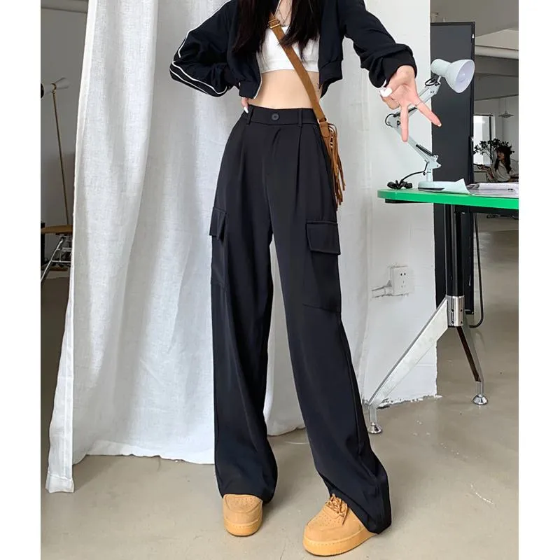 Slimming Workwear Straight Pocket Loose Fit Wide-Leg High-Waisted Retro Pants