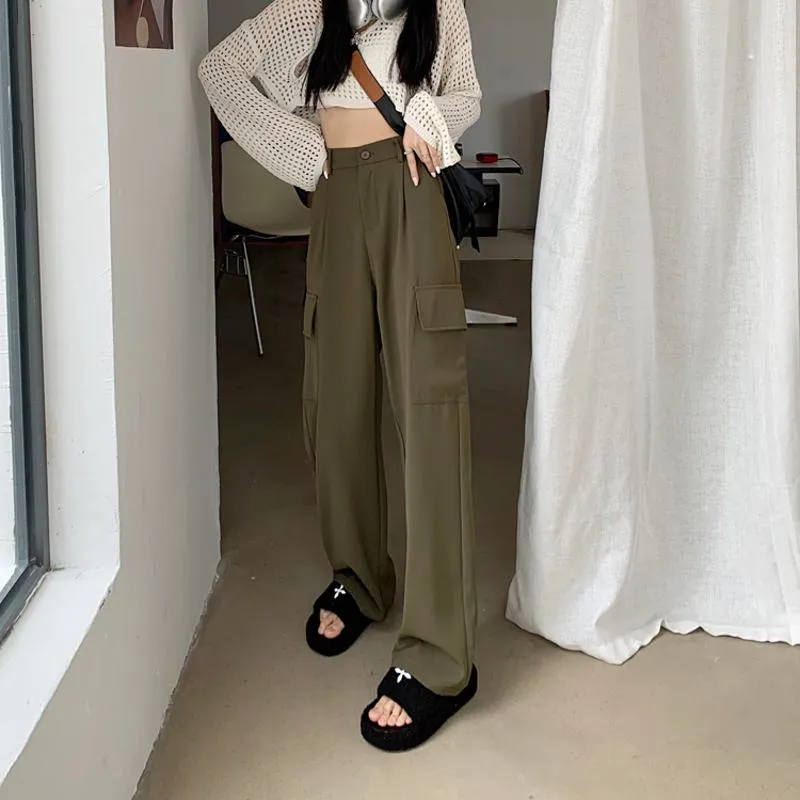 Slimming Workwear Straight Pocket Loose Fit Wide-Leg High-Waisted Retro Pants