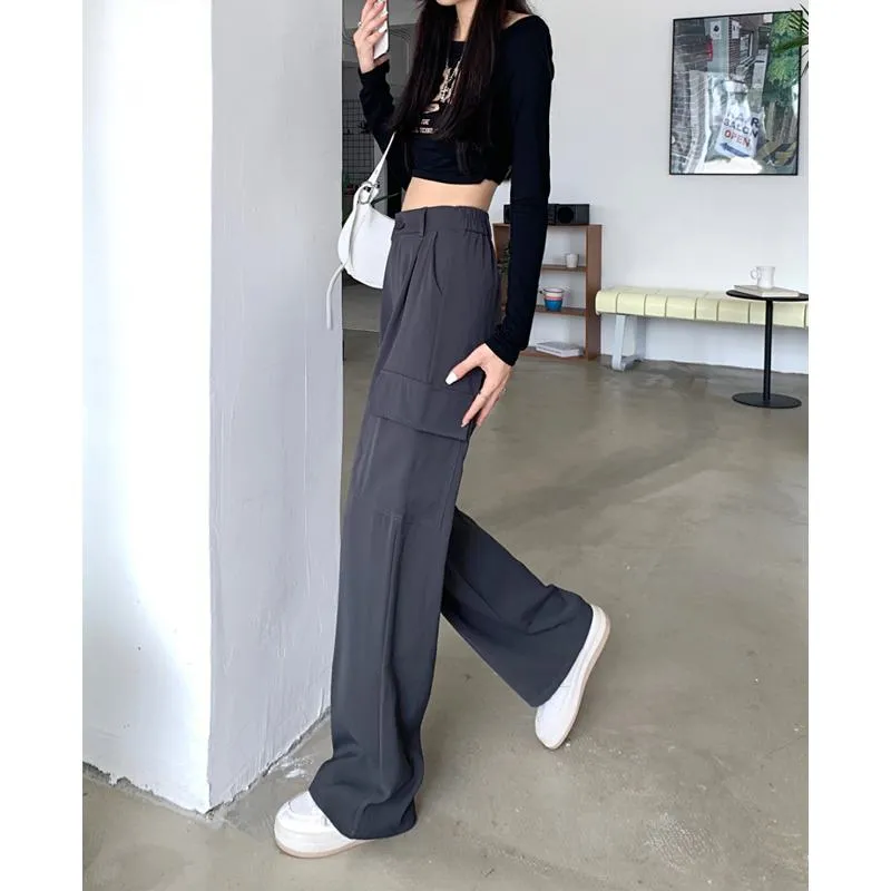 Slimming Workwear Straight Pocket Loose Fit Wide-Leg High-Waisted Retro Pants