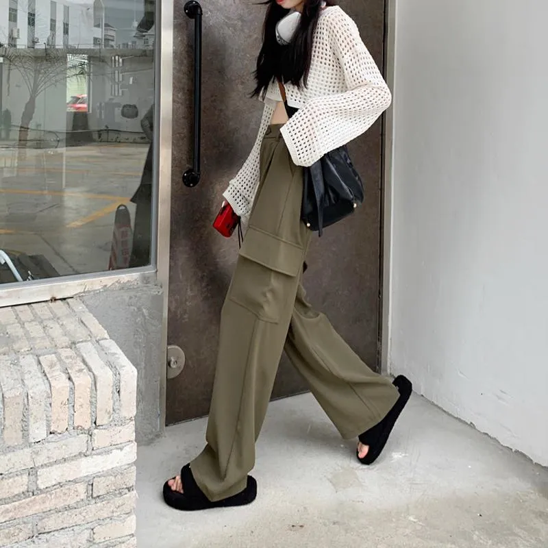 Slimming Workwear Straight Pocket Loose Fit Wide-Leg High-Waisted Retro Pants