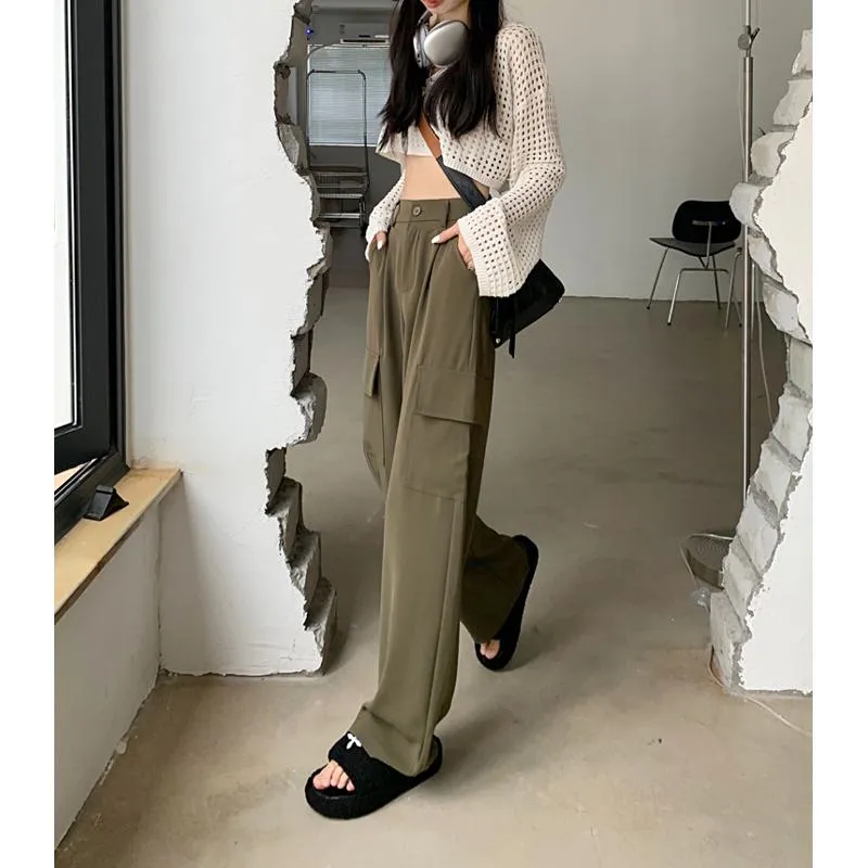 Slimming Workwear Straight Pocket Loose Fit Wide-Leg High-Waisted Retro Pants