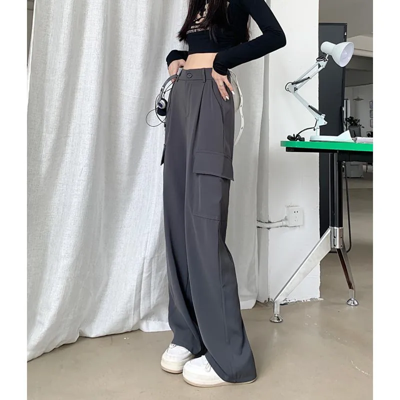 Slimming Workwear Straight Pocket Loose Fit Wide-Leg High-Waisted Retro Pants