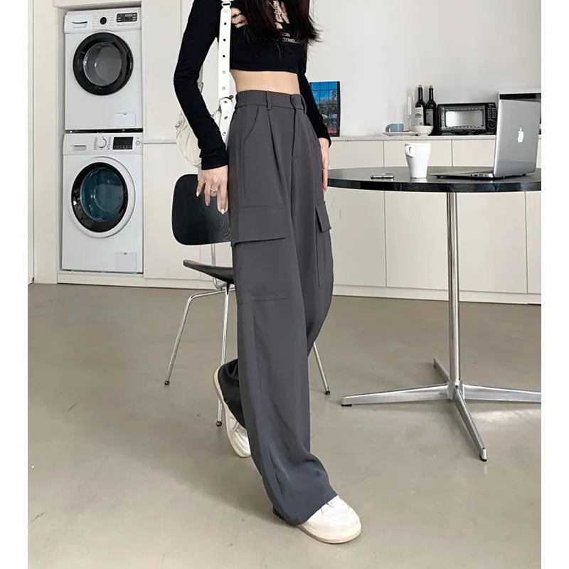 Slimming Workwear Straight Pocket Loose Fit Wide-Leg High-Waisted Retro Pants