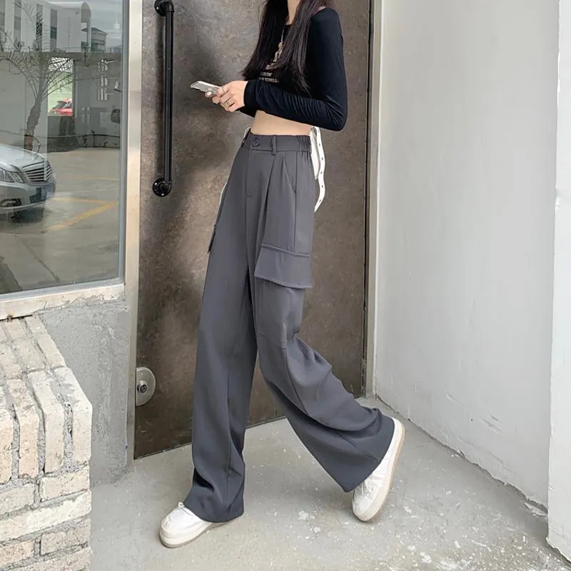 Slimming Workwear Straight Pocket Loose Fit Wide-Leg High-Waisted Retro Pants