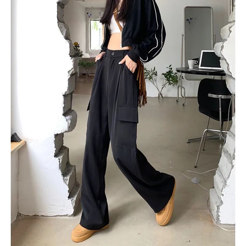 Slimming Workwear Straight Pocket Loose Fit Wide-Leg High-Waisted Retro Pants