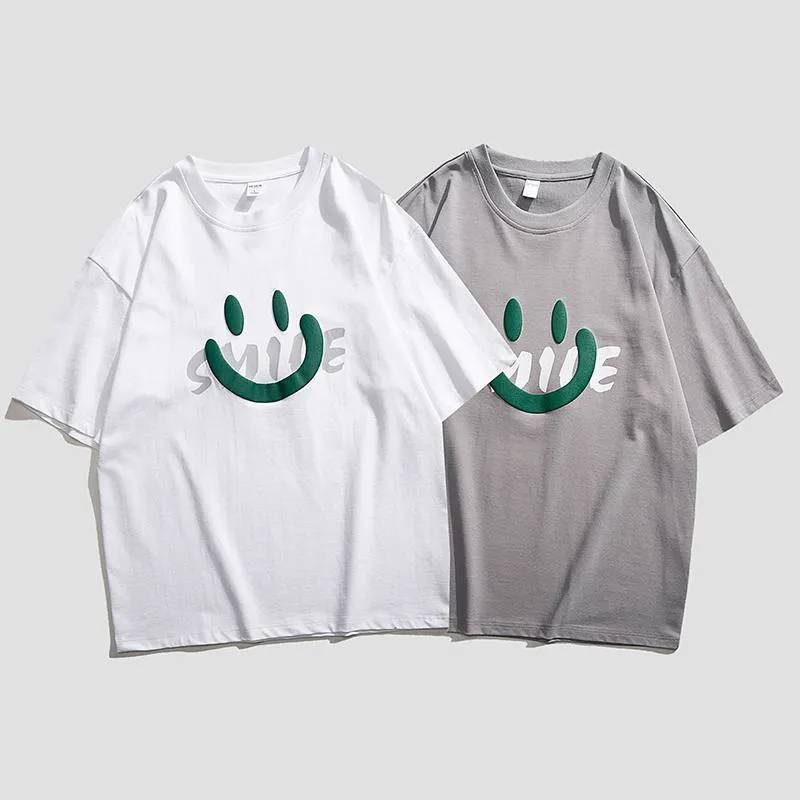 Soft Comfortable Versatile Smiling Face Round Neck Print Short Sleeve Tee