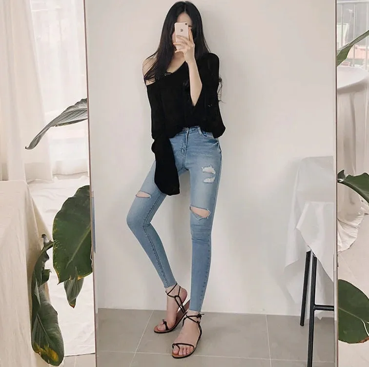 Spring Sexy Elastic Korean Style Skinny Slim Fit Long Sleeve Tops #2129