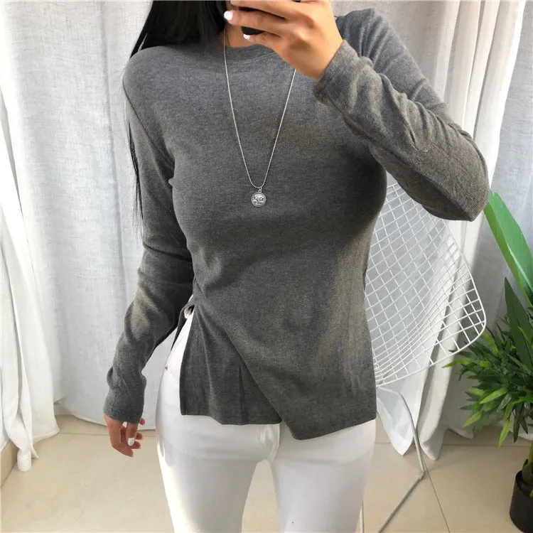 Spring Top Sexy T Shirt Elastic Korean Style Split Skinny Long Sleeve