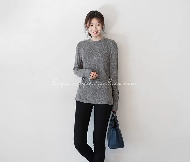 Spring Top Sexy T Shirt Elastic Korean Style Split Skinny Long Sleeve