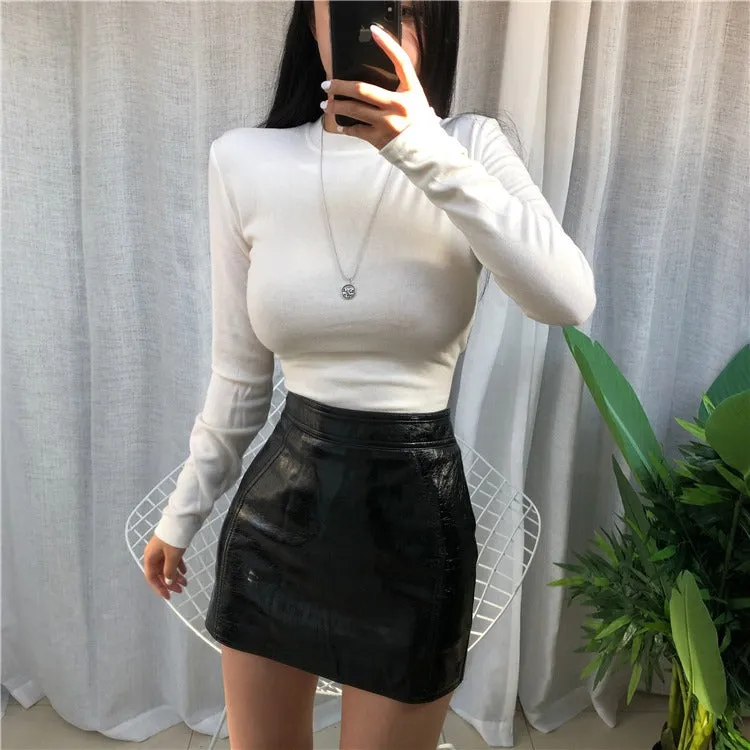 Spring Top Sexy T Shirt Elastic Korean Style Split Skinny Long Sleeve