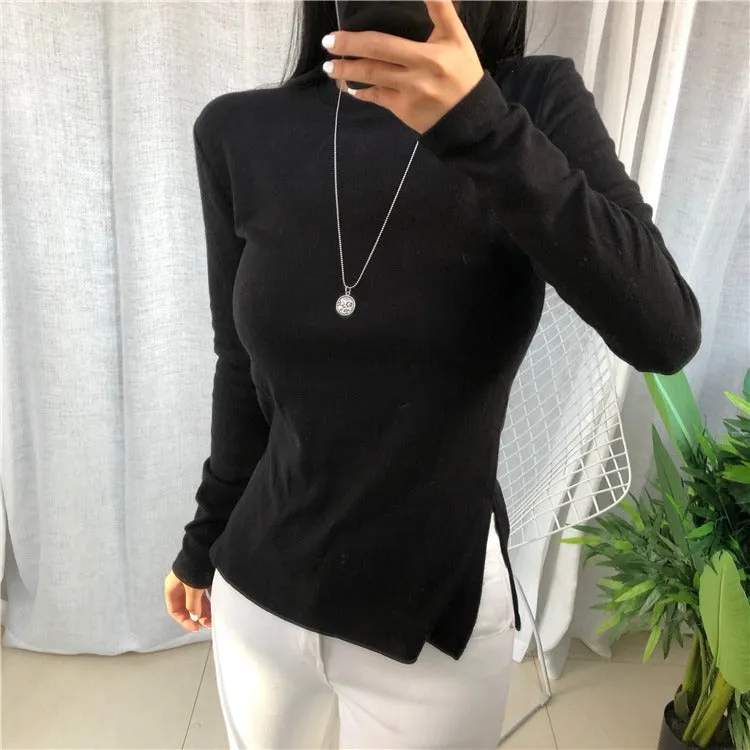 Spring Top Sexy T Shirt Elastic Korean Style Split Skinny Long Sleeve