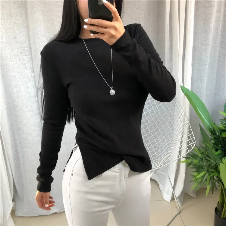 Spring Top Sexy T Shirt Elastic Korean Style Split Skinny Long Sleeve