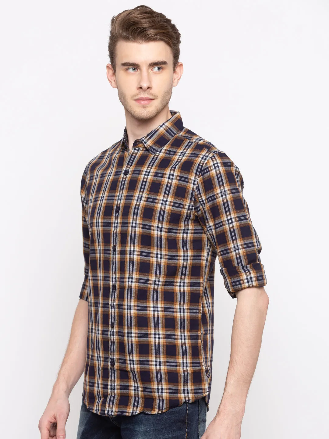 Spykar Men Khaki Checked Slim Fit Casual Shirt