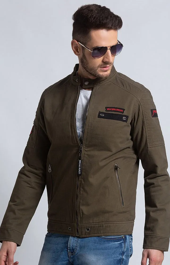 Spykar Men Olive Cotton Straight Fit Jacket