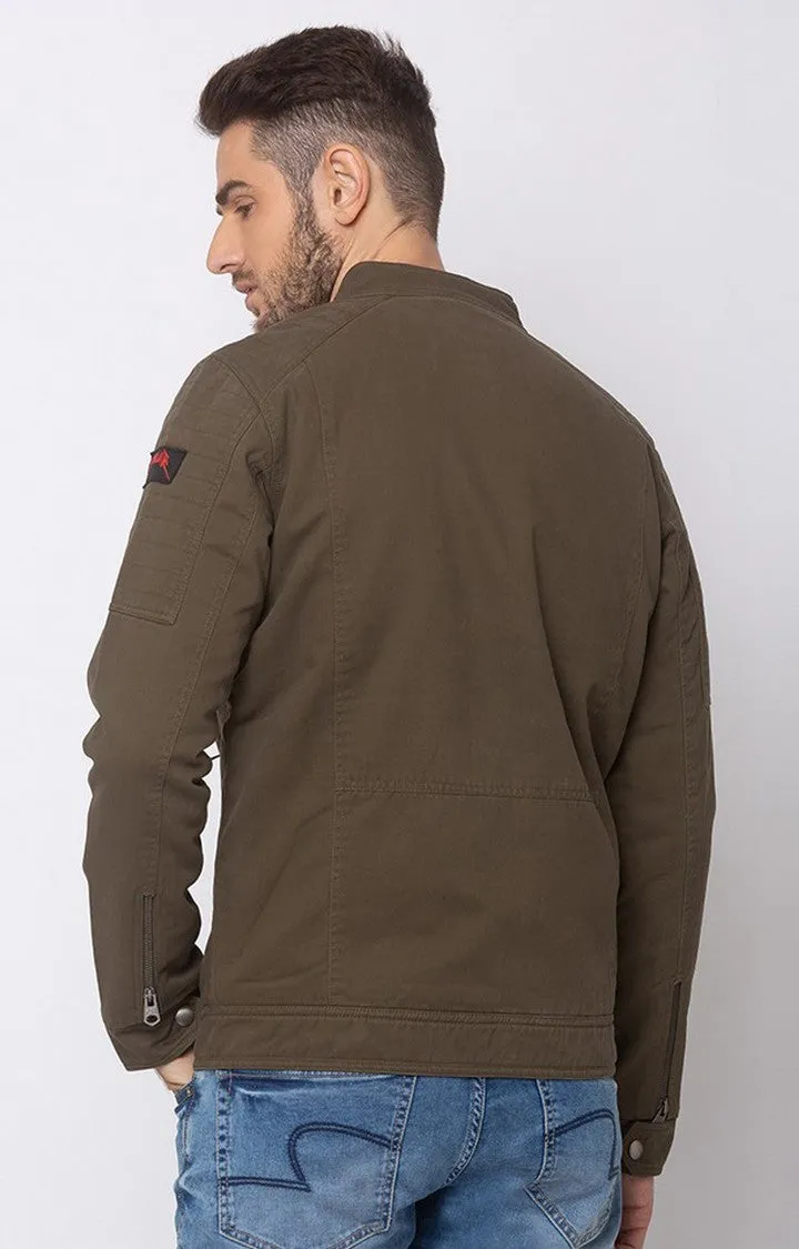 Spykar Men Olive Cotton Straight Fit Jacket