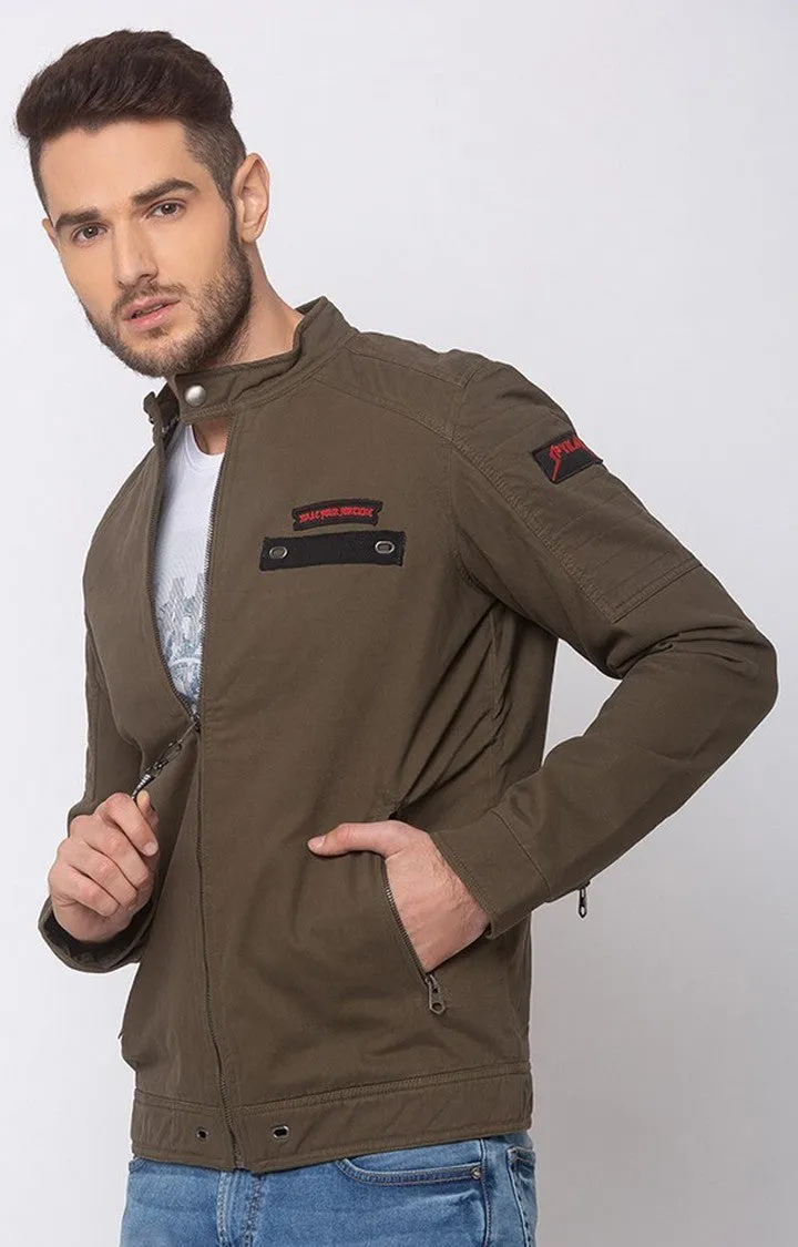 Spykar Men Olive Cotton Straight Fit Jacket