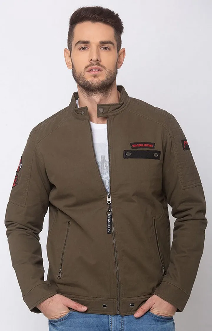 Spykar Men Olive Cotton Straight Fit Jacket