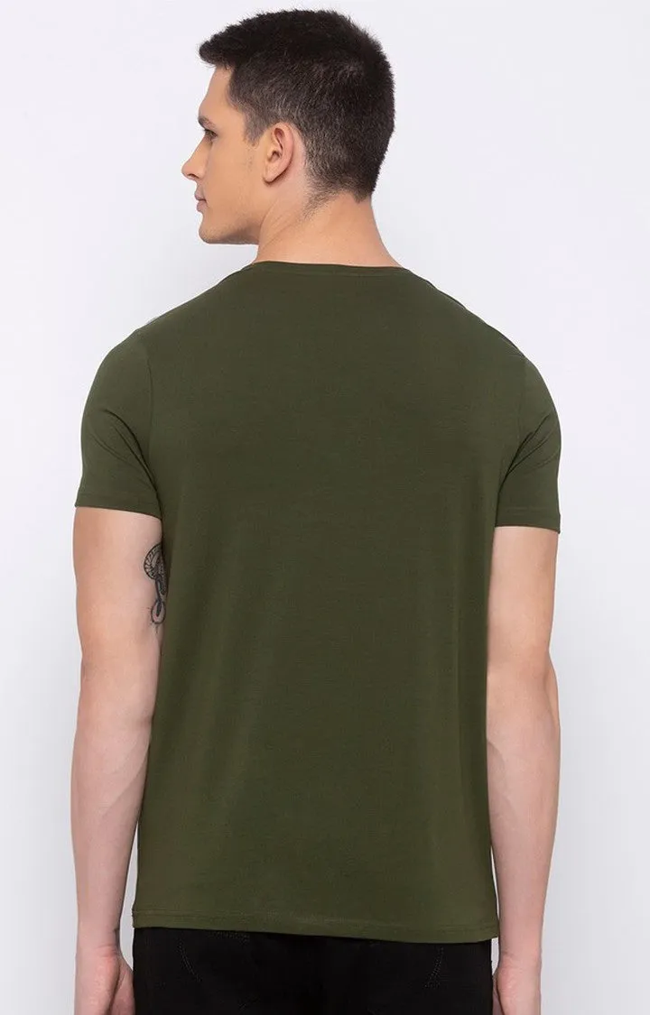 Spykar Men Olive Green Cotton Slim Fit Round Neck T-Shirt