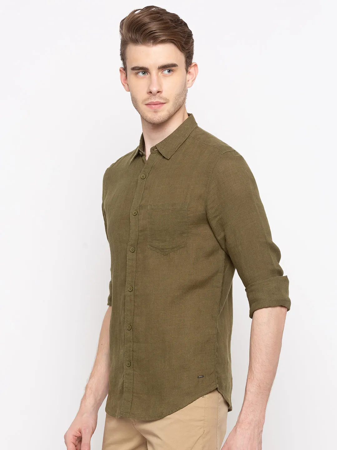 Spykar Men Olive Solid Slim Fit Casual Shirt