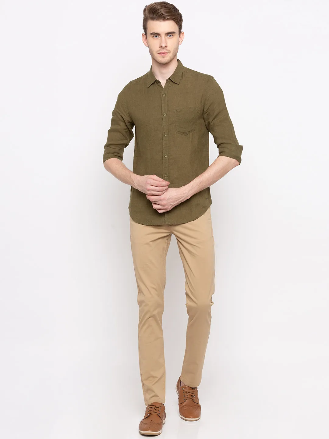 Spykar Men Olive Solid Slim Fit Casual Shirt