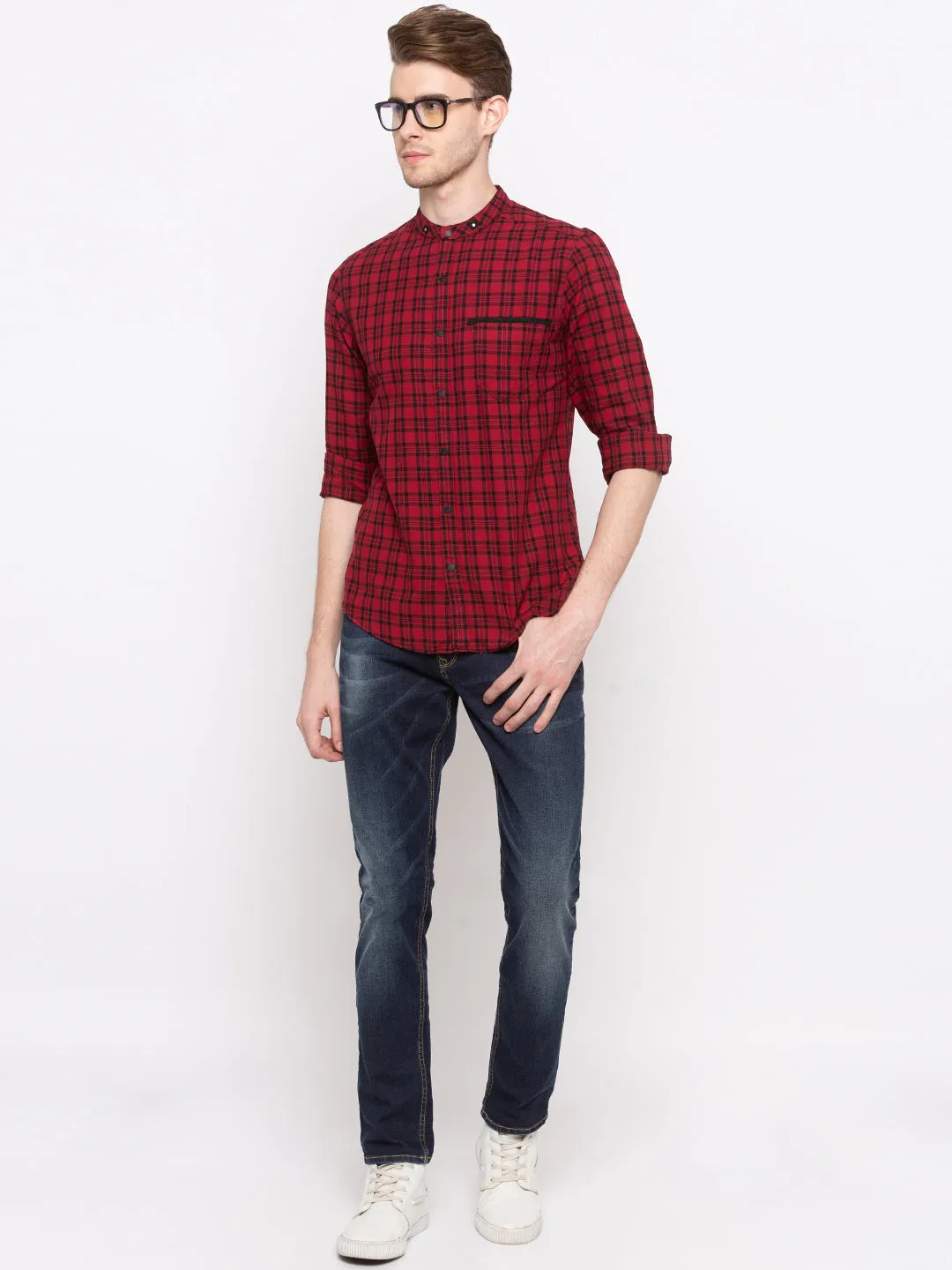 Spykar Men Red Checked Slim Fit Casual Shirt