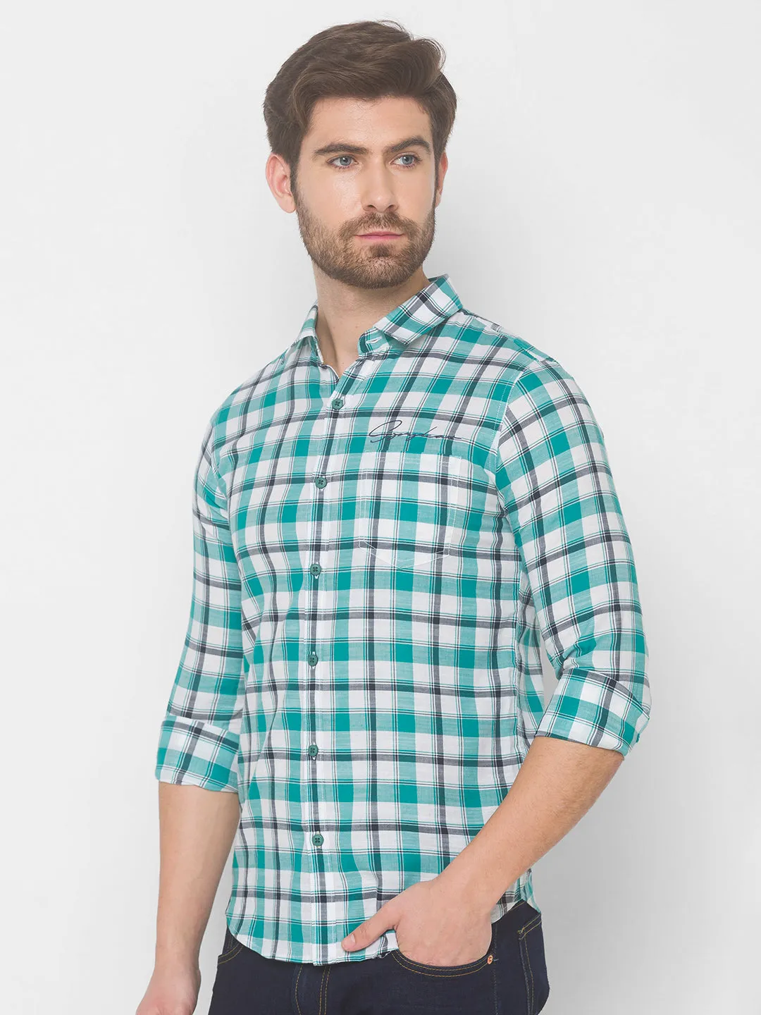 Spykar Men Sporty Green Cotton Slim Fit Shirts