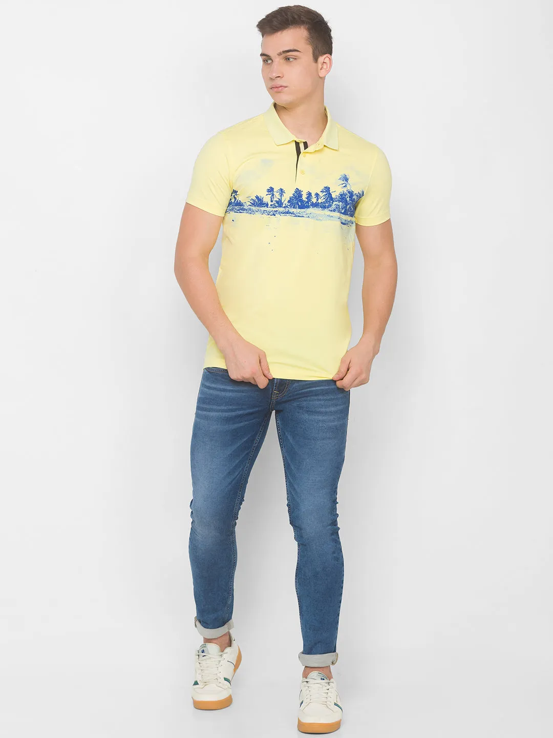 Spykar Men Yellow Cotton Blend Slim Fit Polo T-Shirt