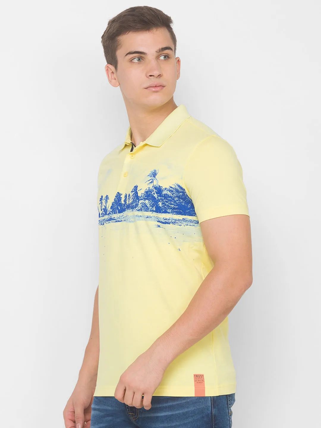 Spykar Men Yellow Cotton Blend Slim Fit Polo T-Shirt