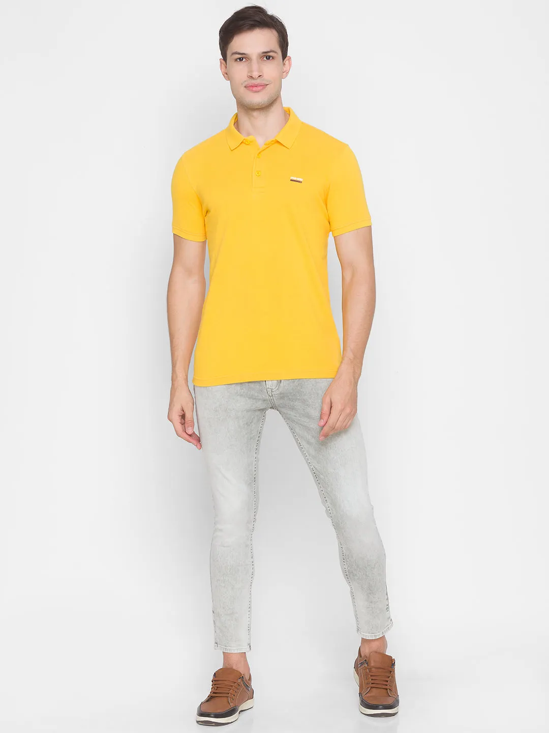 Spykar Men Yellow Cotton Slim Fit Round Neck Polo T-Shirt