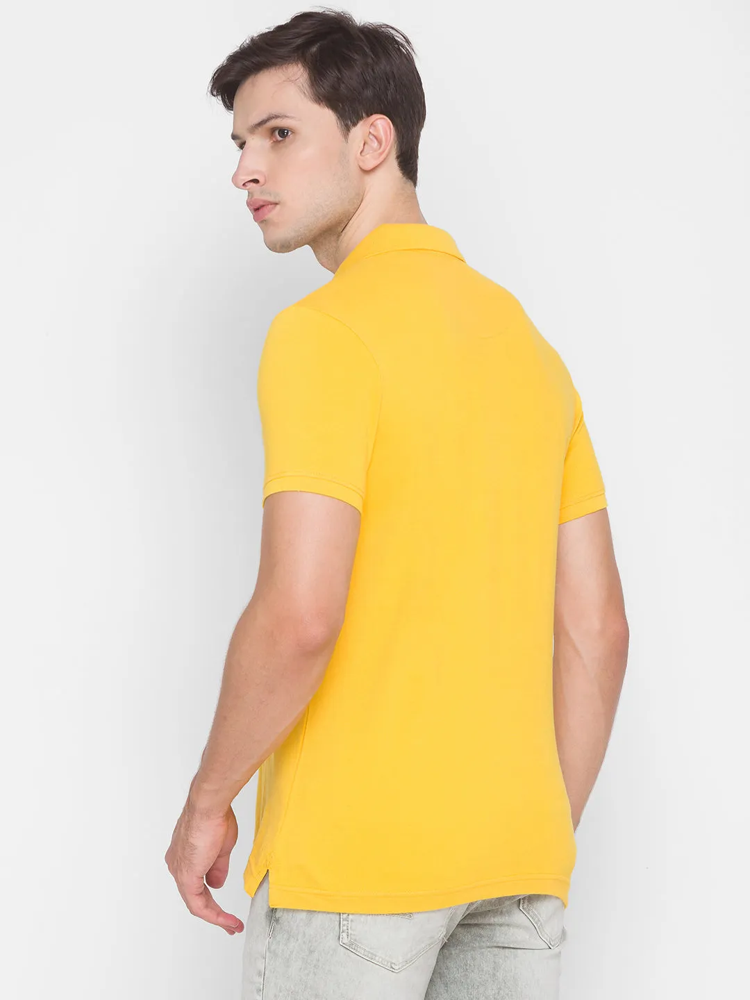 Spykar Men Yellow Cotton Slim Fit Round Neck Polo T-Shirt